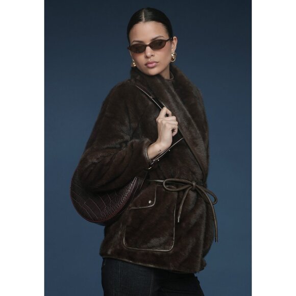 New Avec Les Filles Belted Faux Fur Shawl Collar Coat Espresso Small $188 - Picture 1 of 6